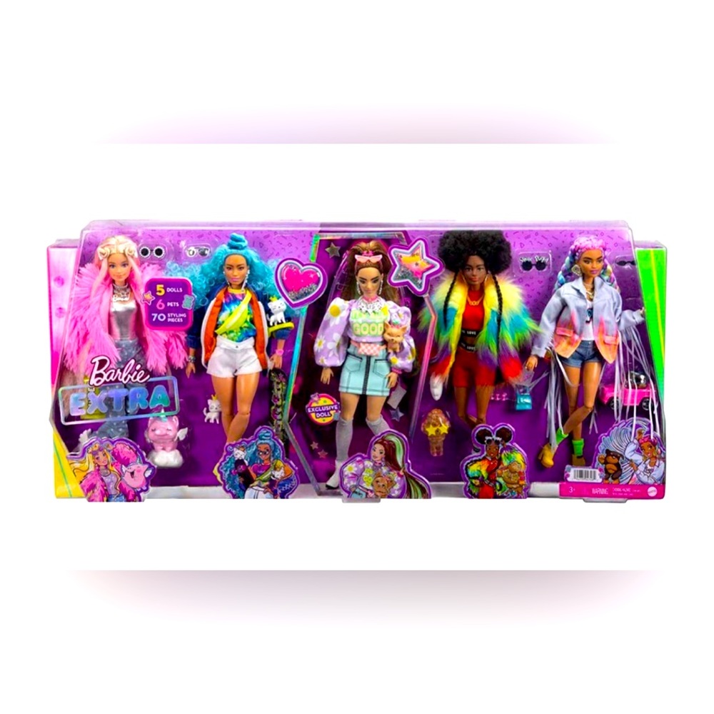 Barbie extra 5 doll set w/ 6 pets and 70 styling pieces.